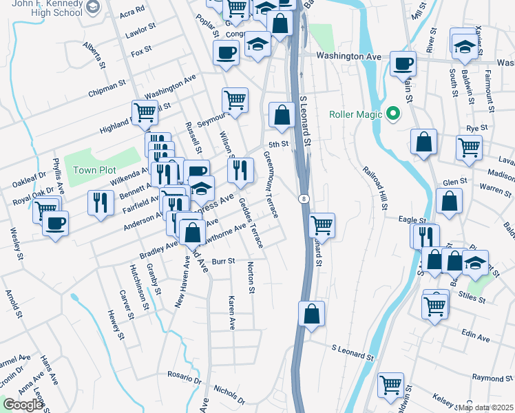 map of restaurants, bars, coffee shops, grocery stores, and more near 30 Hawthorne Avenue in Waterbury
