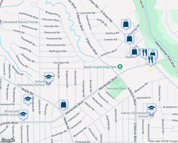 map of restaurants, bars, coffee shops, grocery stores, and more near 869 Beverly Road in Cleveland Heights