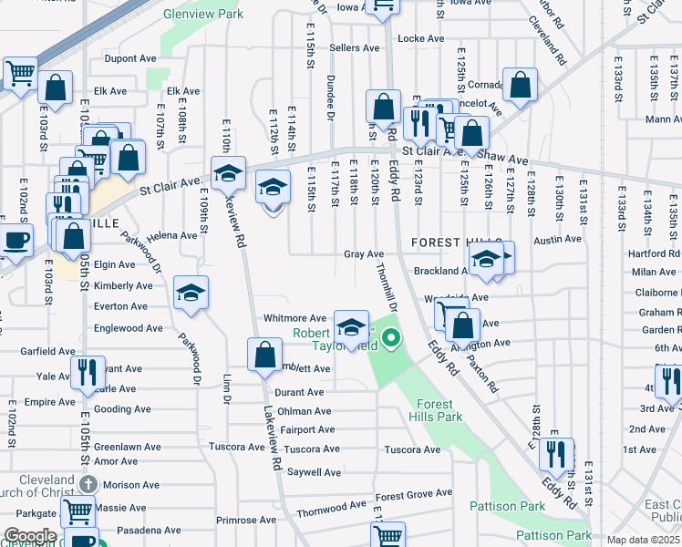 map of restaurants, bars, coffee shops, grocery stores, and more near 754 East 118th Street in Cleveland