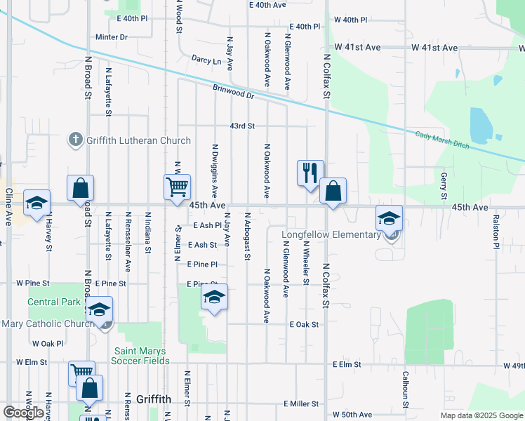map of restaurants, bars, coffee shops, grocery stores, and more near 826 Oakwood in Griffith