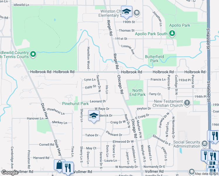 map of restaurants, bars, coffee shops, grocery stores, and more near 340 Iris Lane in Chicago Heights