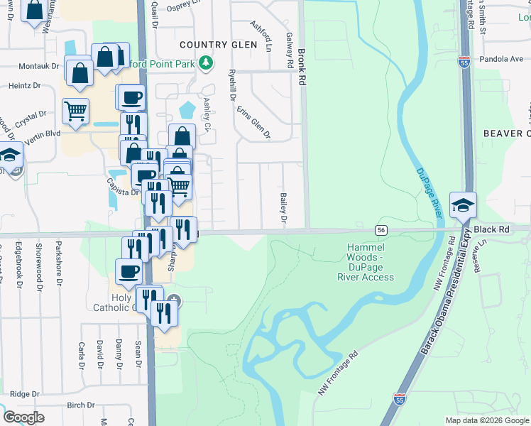 map of restaurants, bars, coffee shops, grocery stores, and more near 801 Schock Drive in Joliet
