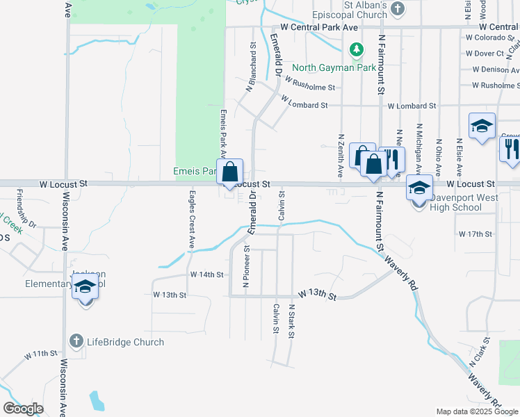 map of restaurants, bars, coffee shops, grocery stores, and more near 1727 Emerald Drive in Davenport