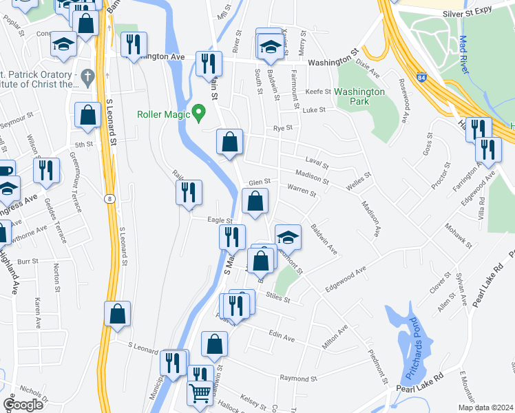 map of restaurants, bars, coffee shops, grocery stores, and more near 52 Piedmont Street in Waterbury