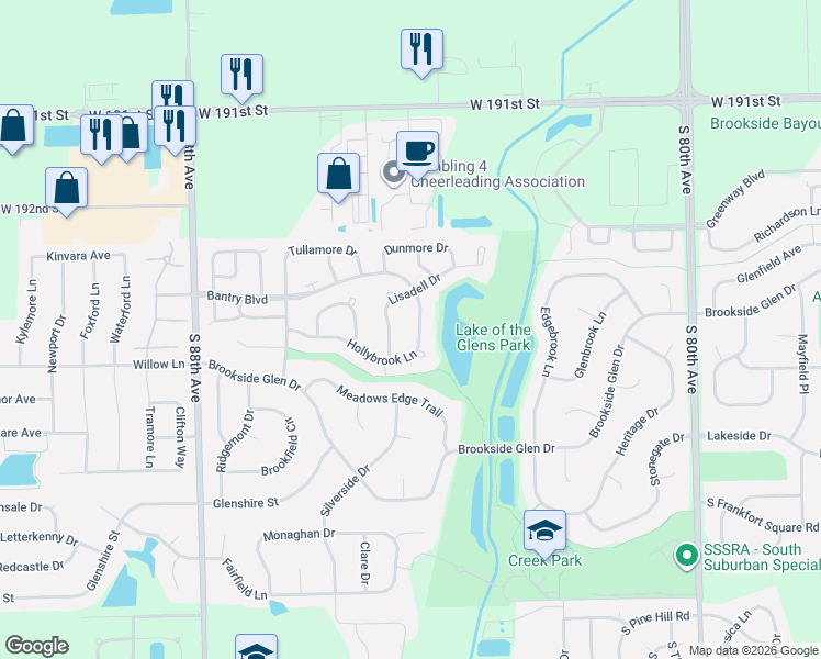 map of restaurants, bars, coffee shops, grocery stores, and more near 8411 Hollybrook Lane in Tinley Park