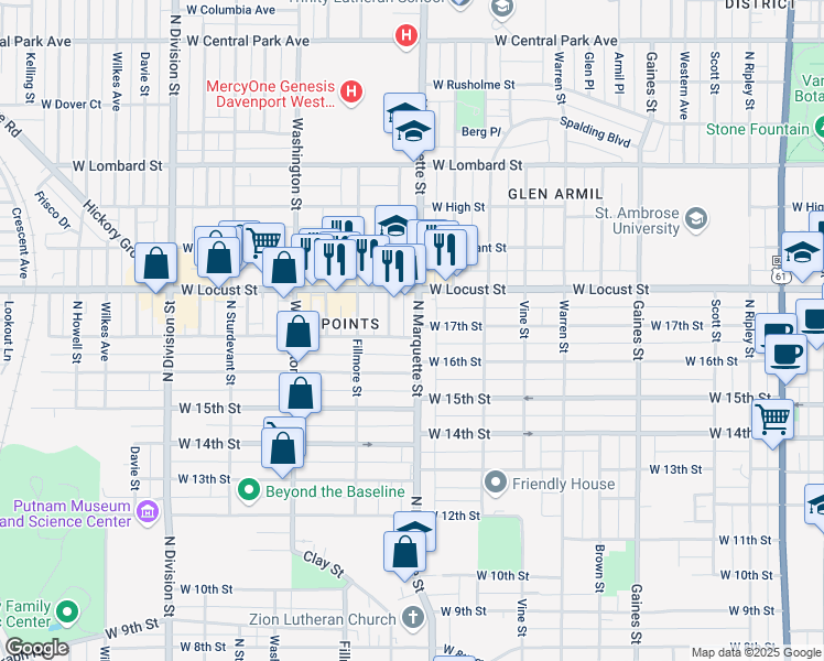 map of restaurants, bars, coffee shops, grocery stores, and more near 1605 North Marquette Street in Davenport