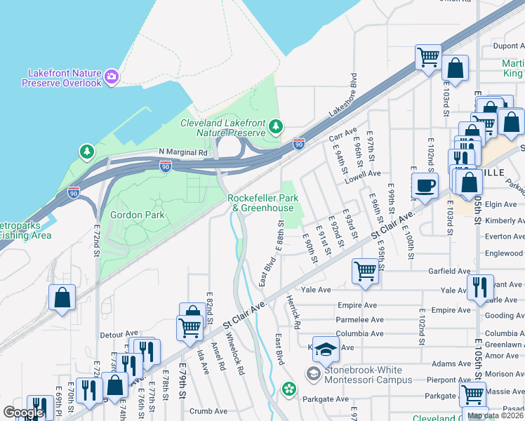 map of restaurants, bars, coffee shops, grocery stores, and more near 750 East 88th Street in Cleveland