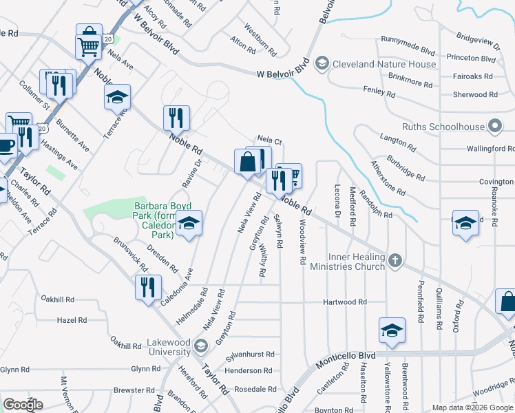 map of restaurants, bars, coffee shops, grocery stores, and more near 863 Nela View Road in Cleveland Heights