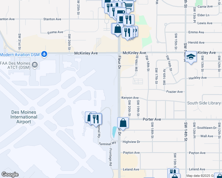 map of restaurants, bars, coffee shops, grocery stores, and more near 5600 Fleur Drive in Des Moines