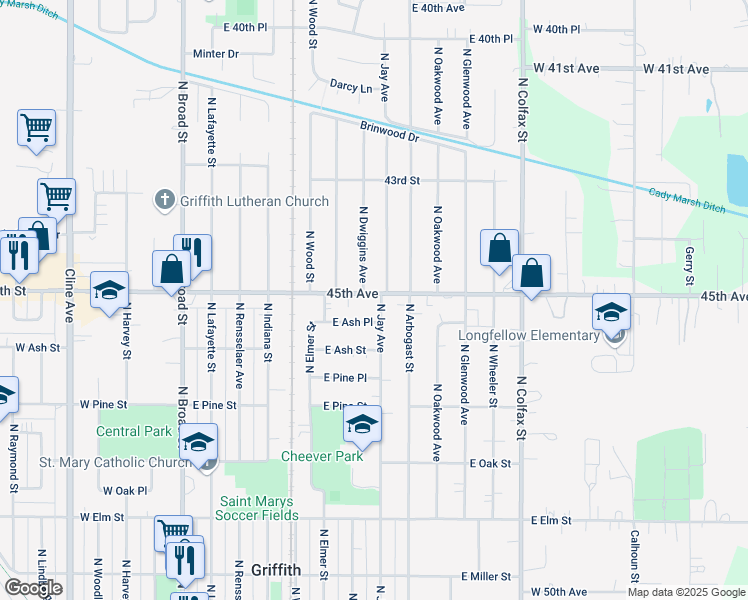 map of restaurants, bars, coffee shops, grocery stores, and more near 860 North Jay Avenue in Griffith