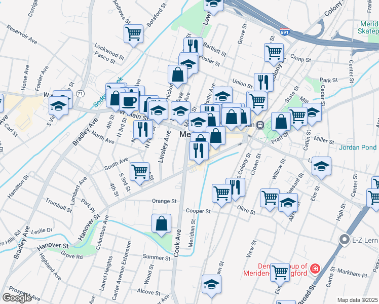 map of restaurants, bars, coffee shops, grocery stores, and more near 131 Hanover Street in Meriden