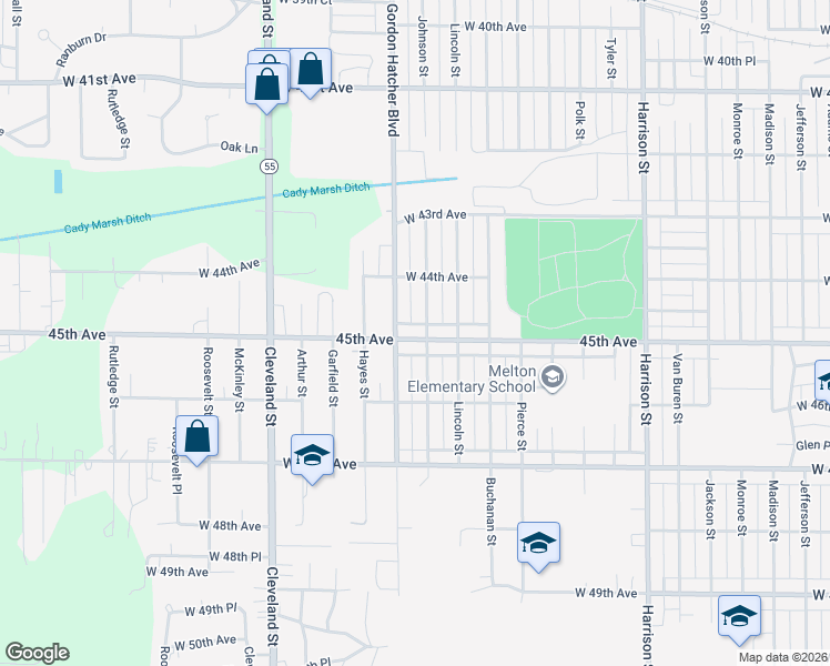 map of restaurants, bars, coffee shops, grocery stores, and more near 1512 West 45th Street in Gary