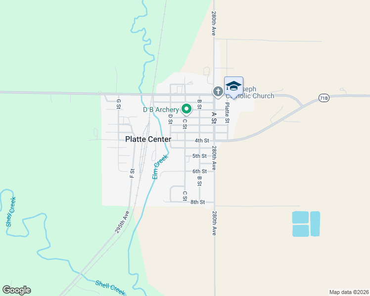 map of restaurants, bars, coffee shops, grocery stores, and more near C Street in Platte Center