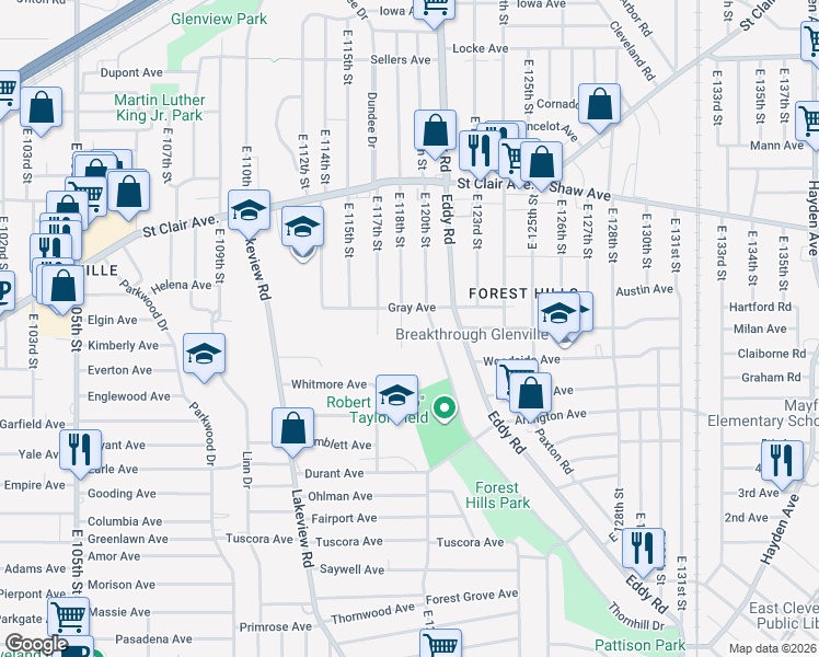 map of restaurants, bars, coffee shops, grocery stores, and more near 754 East 118th Street in Cleveland