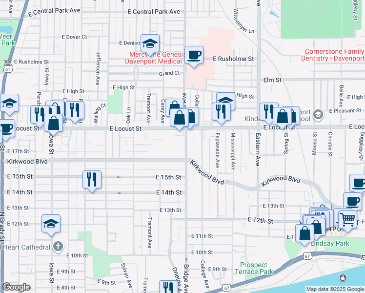map of restaurants, bars, coffee shops, grocery stores, and more near 1710 Bridge Avenue in Davenport