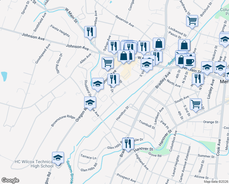 map of restaurants, bars, coffee shops, grocery stores, and more near 44 Pheasant Drive in Meriden