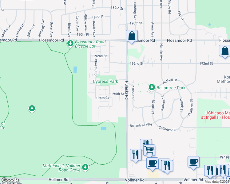map of restaurants, bars, coffee shops, grocery stores, and more near 19361 Oak Avenue in Country Club Hills