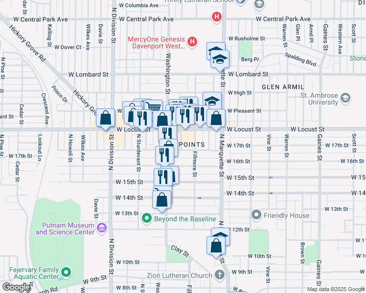 map of restaurants, bars, coffee shops, grocery stores, and more near 1428 West 17th Street in Davenport