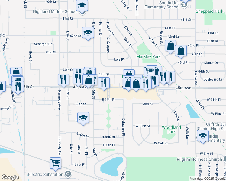 map of restaurants, bars, coffee shops, grocery stores, and more near 3051 East 97th Place in Highland
