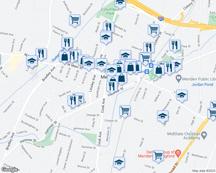 map of restaurants, bars, coffee shops, grocery stores, and more near 131 Hanover Street in Meriden
