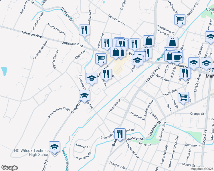 map of restaurants, bars, coffee shops, grocery stores, and more near 44 Pheasant Drive in Meriden