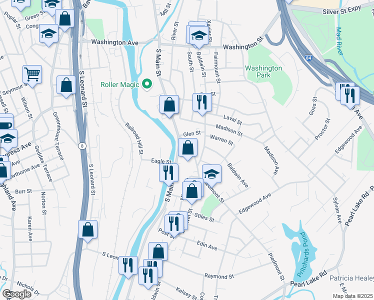 map of restaurants, bars, coffee shops, grocery stores, and more near 100 Piedmont Street in Waterbury