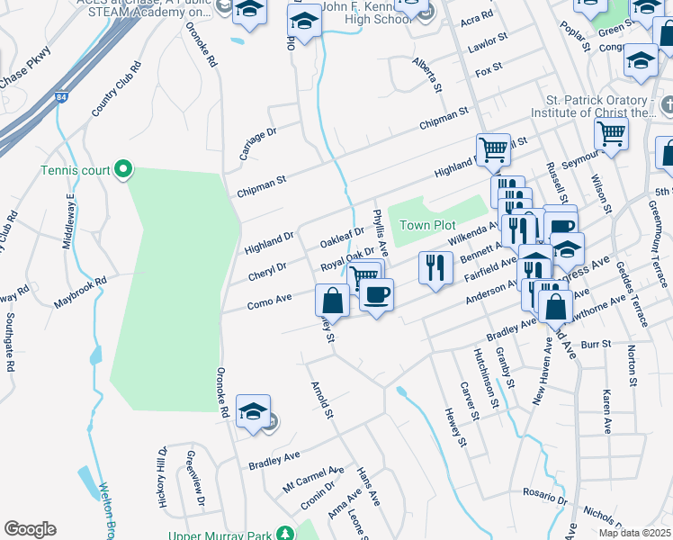 map of restaurants, bars, coffee shops, grocery stores, and more near 216 Wesley Street in Waterbury