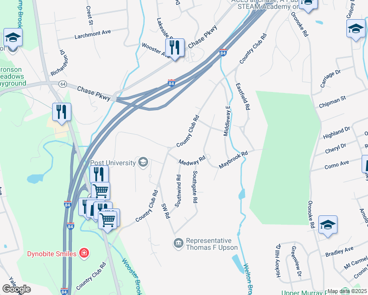 map of restaurants, bars, coffee shops, grocery stores, and more near 21 Medway Road in Waterbury