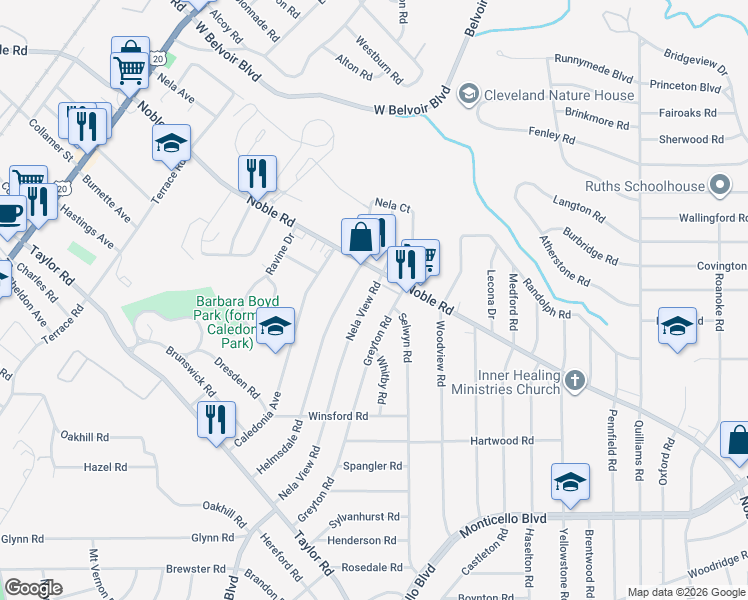 map of restaurants, bars, coffee shops, grocery stores, and more near 863 Nela View Road in Cleveland Heights