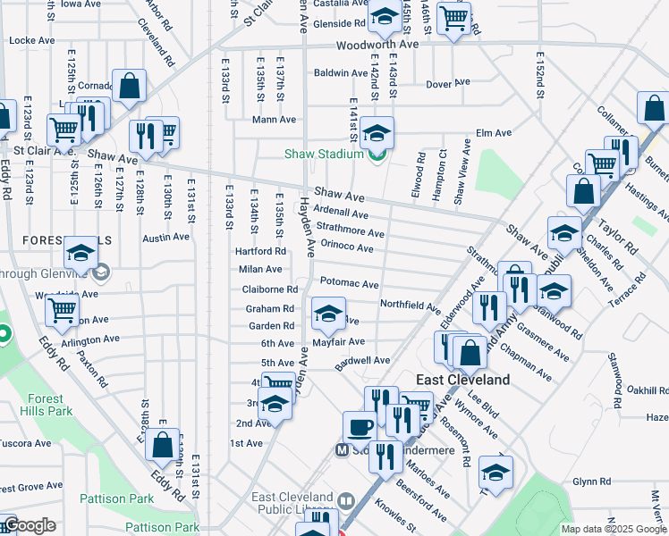map of restaurants, bars, coffee shops, grocery stores, and more near 14004 Potomac Avenue in East Cleveland