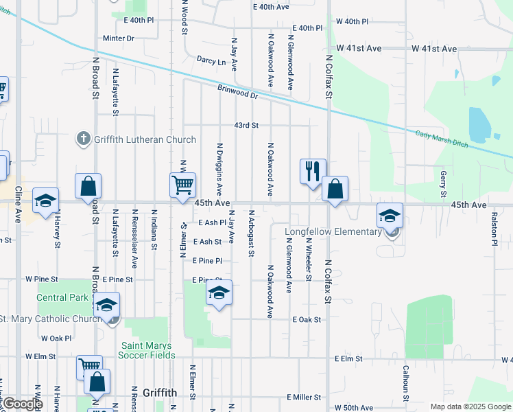 map of restaurants, bars, coffee shops, grocery stores, and more near 826 Oakwood in Griffith