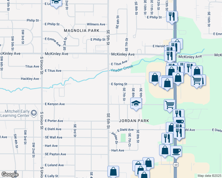map of restaurants, bars, coffee shops, grocery stores, and more near 5209 Southeast 5th Street in Des Moines