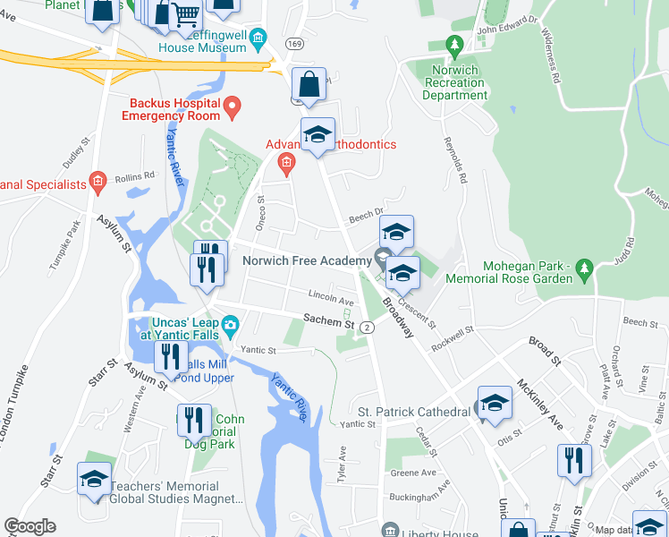 map of restaurants, bars, coffee shops, grocery stores, and more near 12 Williams Street in Norwich