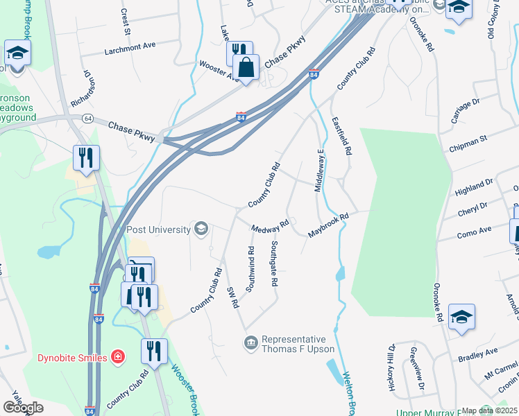 map of restaurants, bars, coffee shops, grocery stores, and more near 21 Medway Road in Waterbury