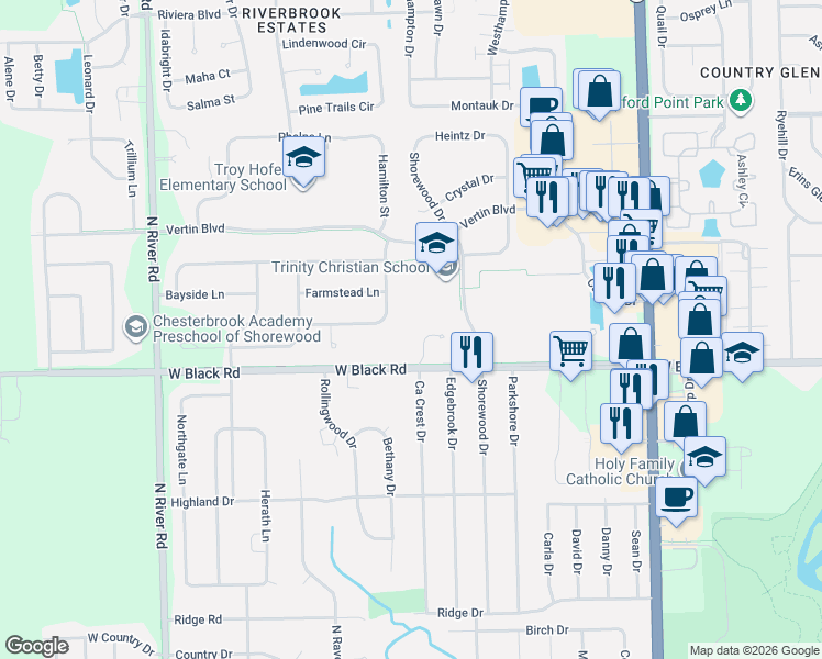 map of restaurants, bars, coffee shops, grocery stores, and more near 820 West Black Road in Shorewood