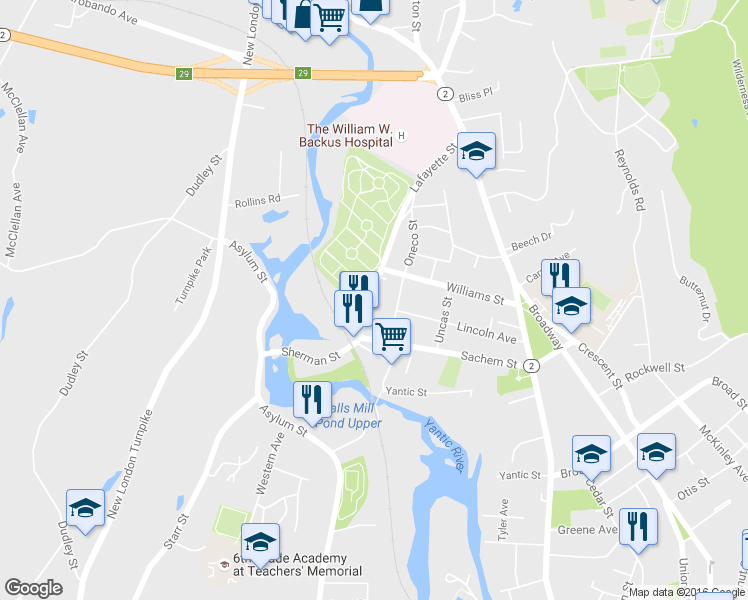 map of restaurants, bars, coffee shops, grocery stores, and more near 43 Lafayette Street in Norwich