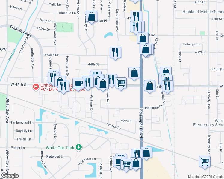 map of restaurants, bars, coffee shops, grocery stores, and more near 2220 45th Street in Highland