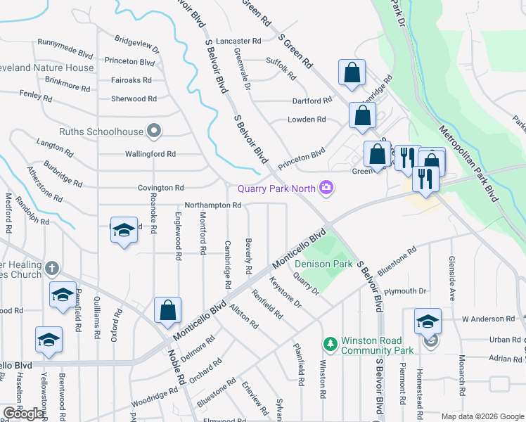map of restaurants, bars, coffee shops, grocery stores, and more near 869 Beverly Road in Cleveland Heights