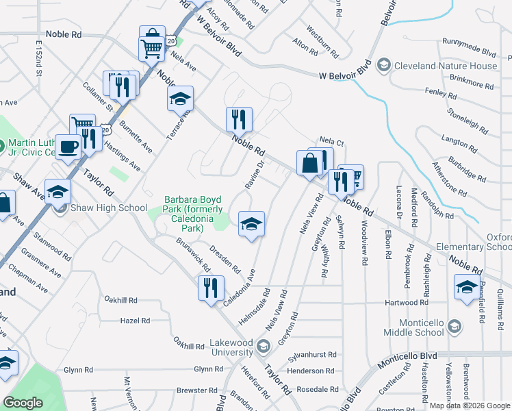 map of restaurants, bars, coffee shops, grocery stores, and more near 863 Caledonia Avenue in Cleveland Heights