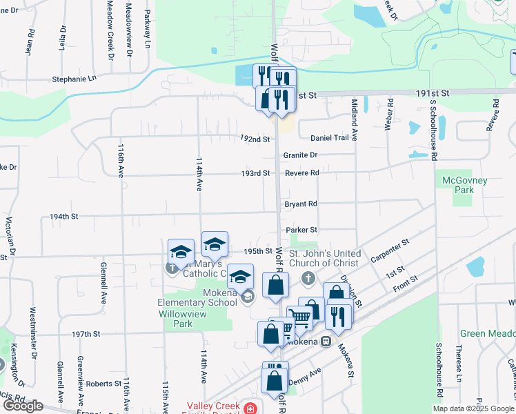 map of restaurants, bars, coffee shops, grocery stores, and more near 11236 194th Street in Mokena