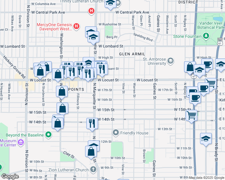map of restaurants, bars, coffee shops, grocery stores, and more near North Myrtle Street in Davenport