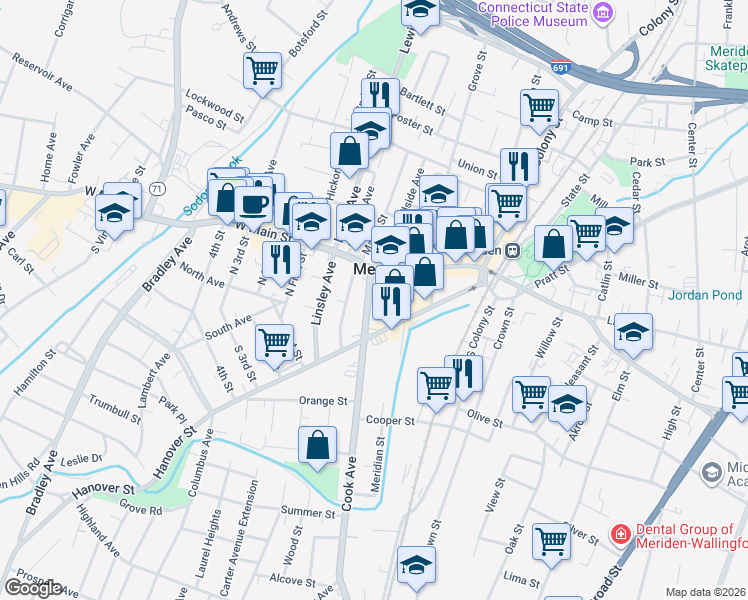 map of restaurants, bars, coffee shops, grocery stores, and more near 32 Cook Avenue in Meriden