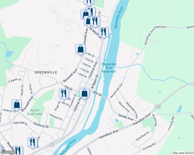 map of restaurants, bars, coffee shops, grocery stores, and more near 539 North Main Street in Norwich
