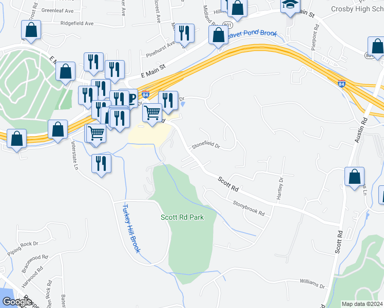 map of restaurants, bars, coffee shops, grocery stores, and more near 268 Scott Road in Waterbury