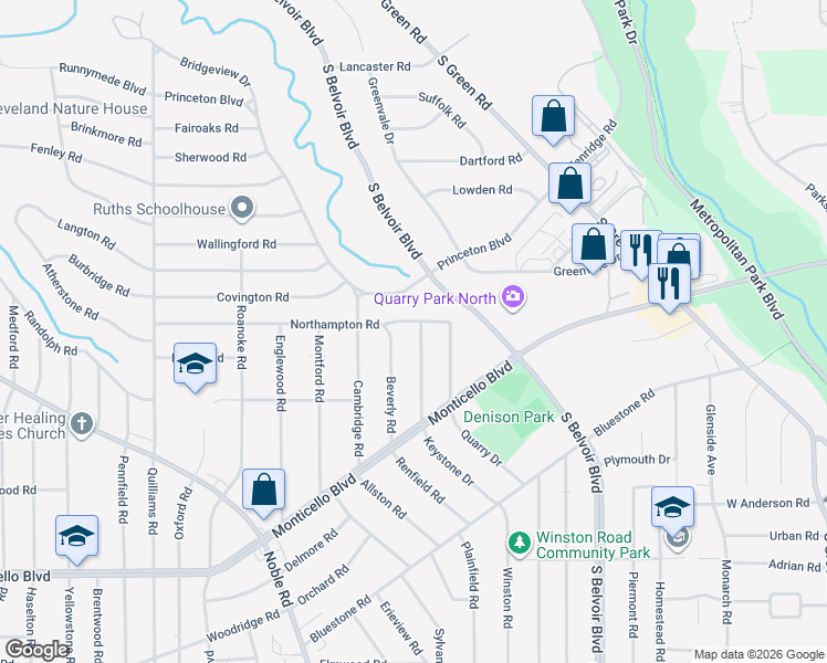 map of restaurants, bars, coffee shops, grocery stores, and more near 869 Beverly Road in Cleveland Heights