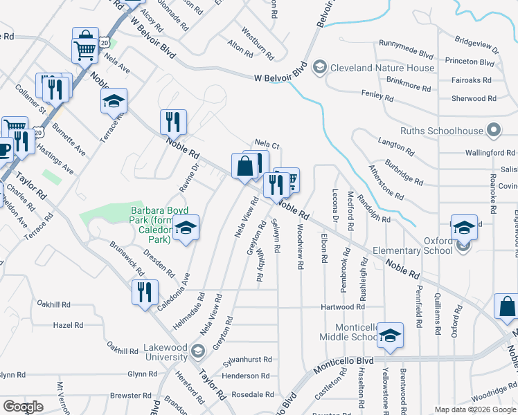 map of restaurants, bars, coffee shops, grocery stores, and more near 863 Nela View Road in Cleveland Heights