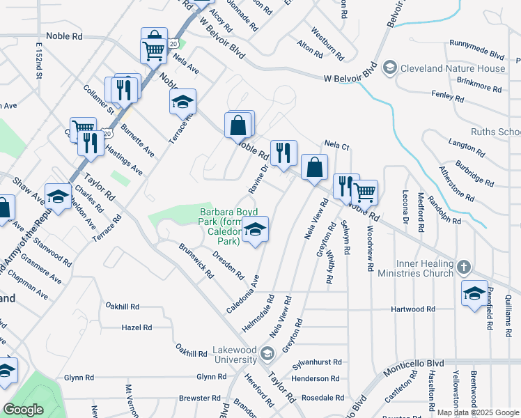 map of restaurants, bars, coffee shops, grocery stores, and more near 863 Caledonia Avenue in Cleveland Heights