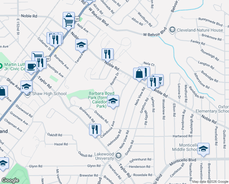 map of restaurants, bars, coffee shops, grocery stores, and more near 889 Eloise Drive in Cleveland Heights