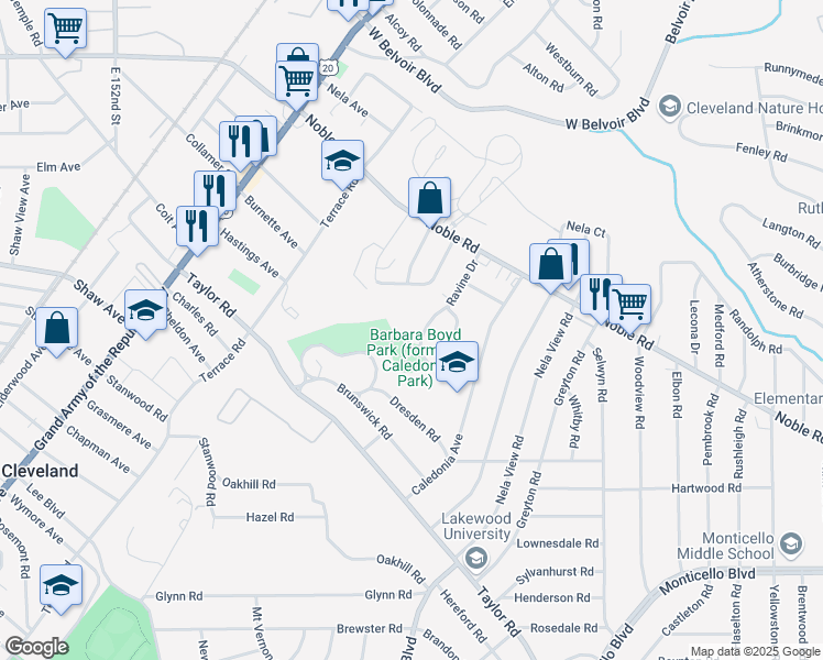 map of restaurants, bars, coffee shops, grocery stores, and more near 892 Ravine Drive in Cleveland Heights