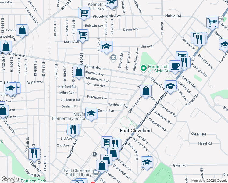 map of restaurants, bars, coffee shops, grocery stores, and more near 14321 Potomac Avenue in East Cleveland